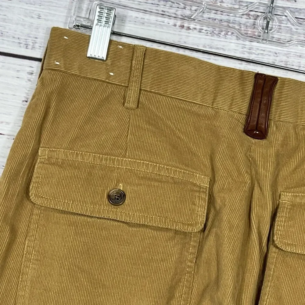 Orvis Corduroy Pants Men's 32 Flat Front Tan Khaki Leather Trim Pockets flap
